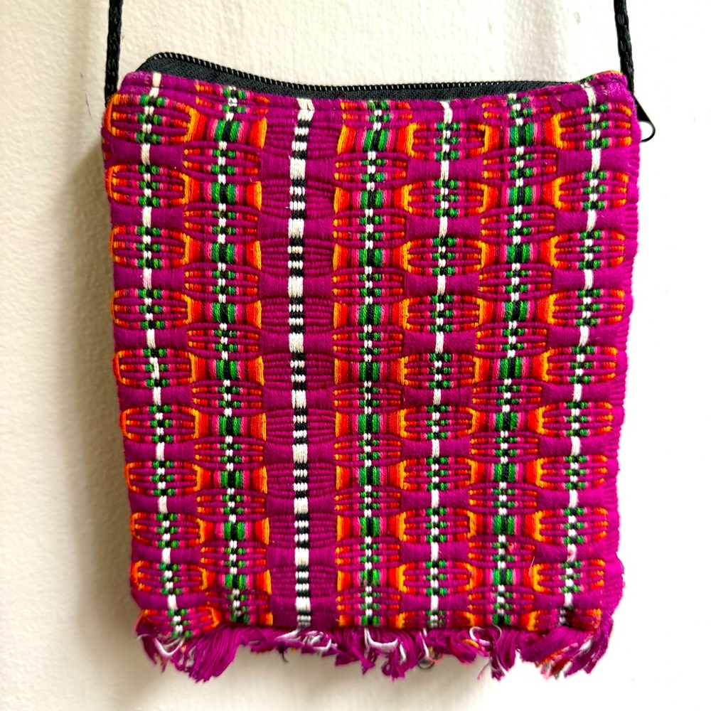 Boho Festival Woven Crossbody Bag Pink Southwestern Guatemalan Fringe Artisan